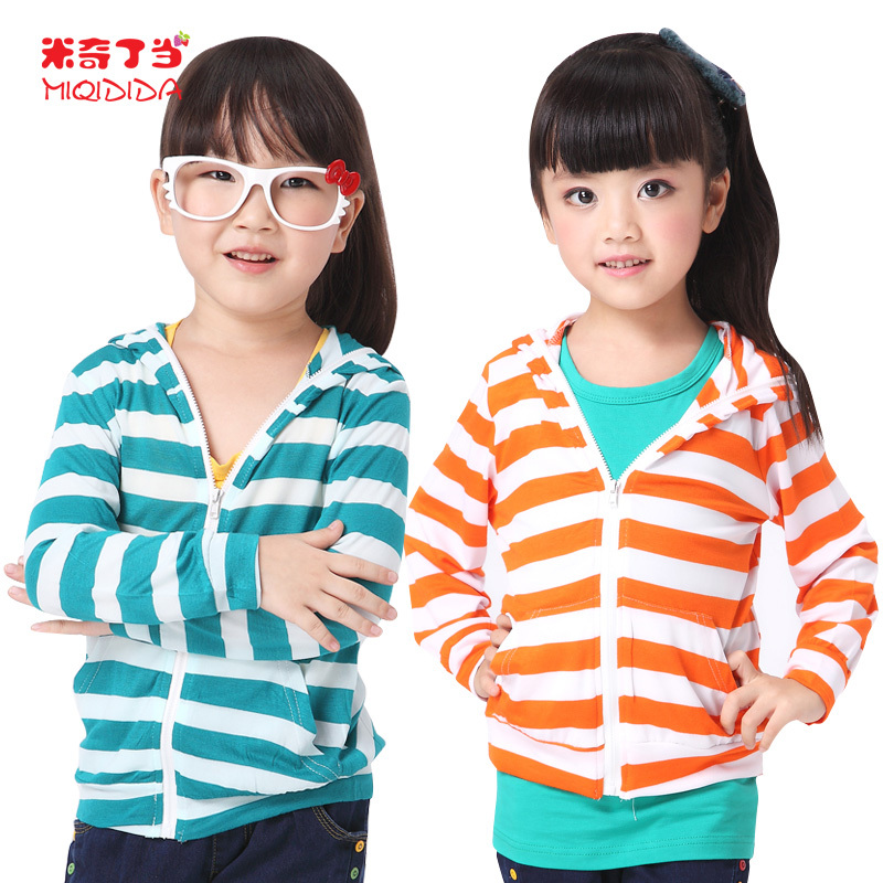 MICKEY children's clothing female child 2013 spring medium-large child stripe cardigan with a hood coat 13332