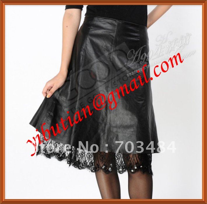 Mid-Calf  Lace Slim Black Ladies Long Leather Skirt  100% Sheep Leather Very Soft