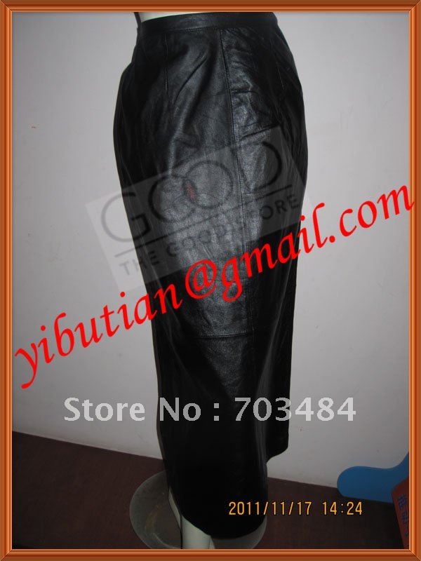 Mid-Calf straight Slim Black Ladies Long Leather Skirt  100% Sheep Leather Very Soft