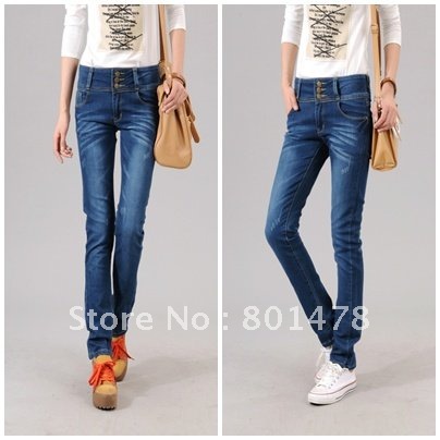 Mid waist 3 breasted dark color pocket pencil pants jeans pants 8017