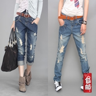 Mid waist plus size straight casual loose distrressed denim trousers female