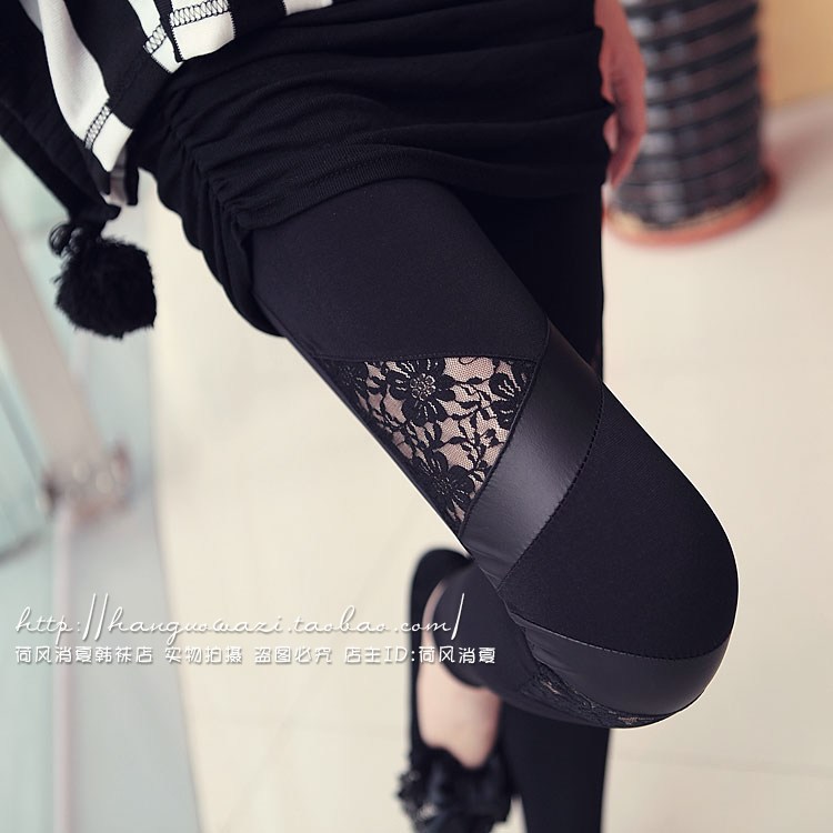 Middot . 2013 spring lace patchwork faux leather trend of the ankle length legging ls90318