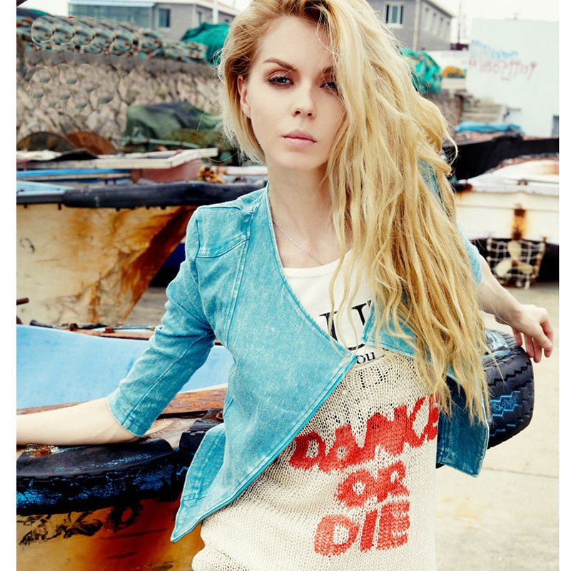 Milan 2013 Women&Ladies new fashion Vintage three quarter sleeve denim outerwear motorcycle jacket /diagonal metal zipper jacket