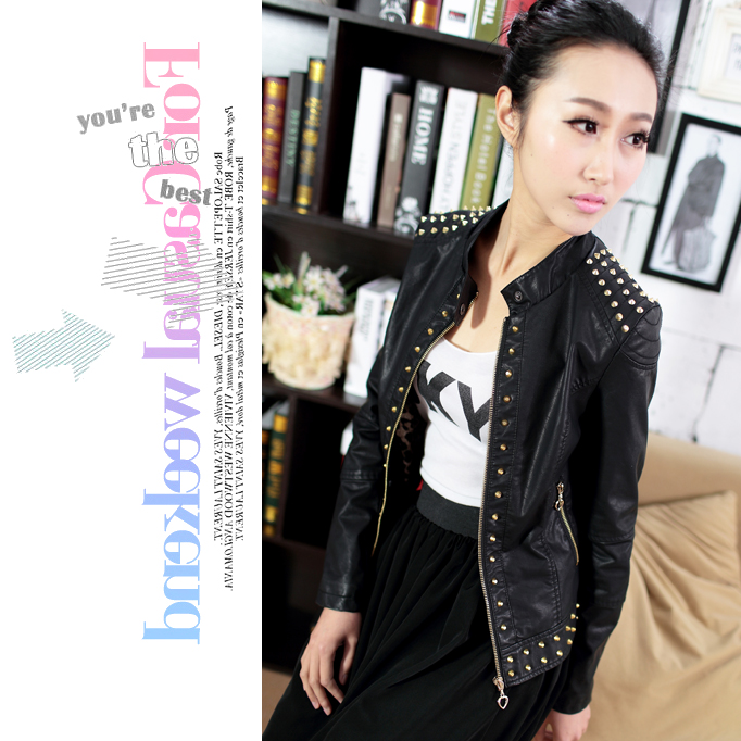 Military 2013 rivet leather clothing female short design PU slim short jacket