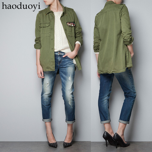 Military paragraph pocket diamond olive long-sleeve women's outerwear single breasted turn-down collar short design trench 6