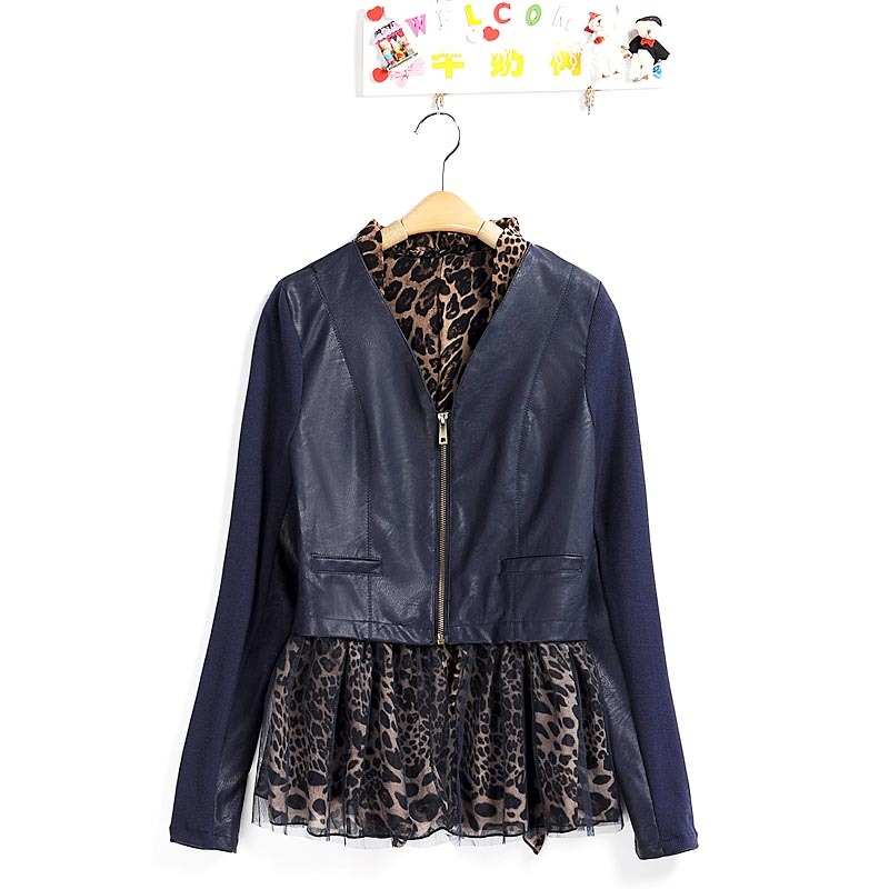 Milk 2012 mj fashion leopard print lace chiffon laciness patchwork PU leather coat Women leather clothing