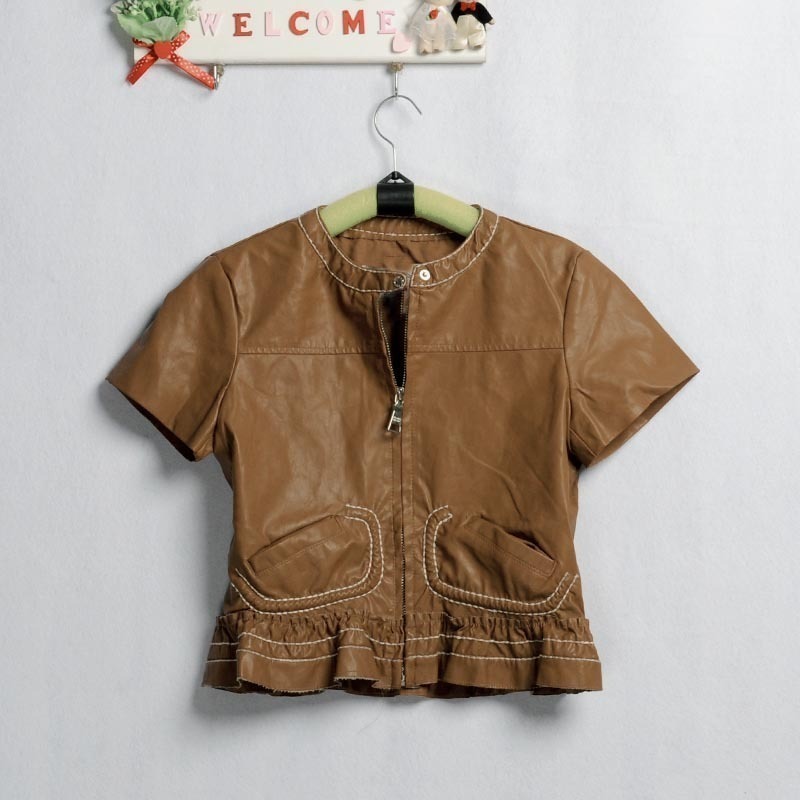 Milk fashion cute ruffle PU water washed leather clothing short jacket