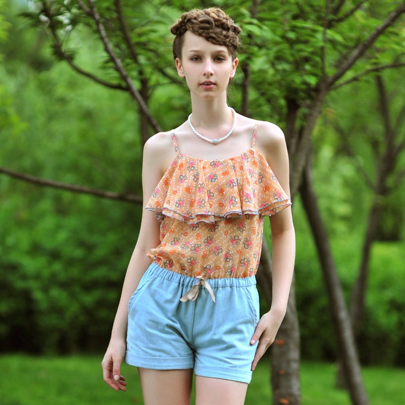 Millenum . 2012 summer chiffon denim blue spaghetti strap jumpsuit clothing shorts female ,Free shipping.