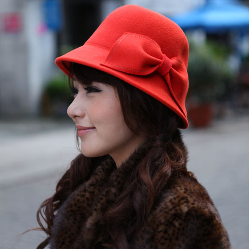 Millinery woolen fedoras autumn and winter dome big bow bucket hats casual vintage fashion cap