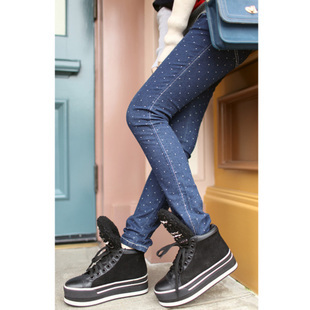Mimius m1386 elastic waist polka dot slim denim skinny pants