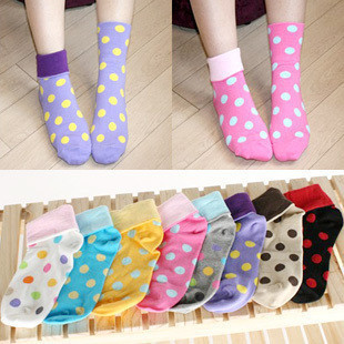 Min Order $10(mixed order)Cute candy cotton  socks dots flanging lady WHOLESALE FREE SHIPPING