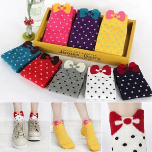 Min Order $10(mixed order) Retail Cute  cotton  bow wave little lady Polka Dot socks,wolesale &free shipping