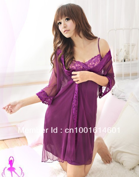 Min. Order $15 Women Special Robe Sets sexy purple lace sleepwear sexy underwear nightgown + Dress + G - string Free Shipping