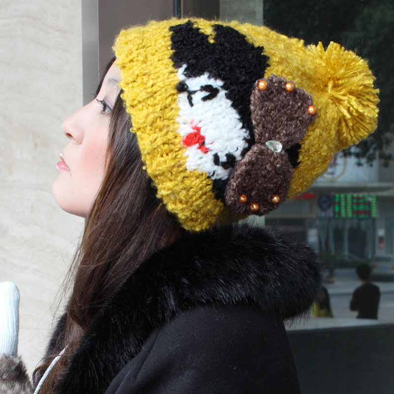 (Min order is $10) Hot-selling e8229 female bow pearl smiley knitted hat china doll hat
