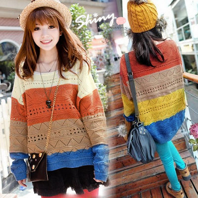 Min.order is $15  2012 Autumn Multicolour Wave Stripe Pullerovers Batwing Sleeve Loose Hollow Out Sweater LYXF50