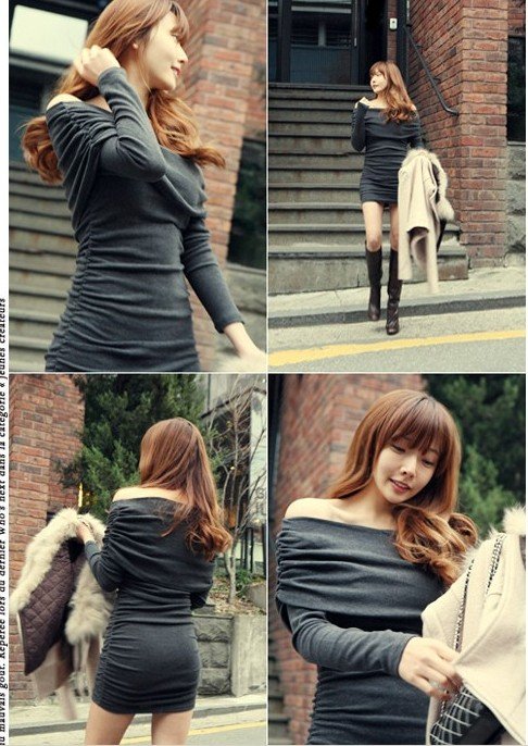 Min.order is $15 Free shipping! 2012 Fashion Nightclub OL Long-sleeve Sexy Boat-neck Folds Tight-hip Mini Dress T221