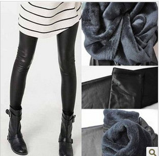 Min USD 15 free shipping Winter thickening infrared coral fleece double layer thermal faux leather legging ankle length trousers