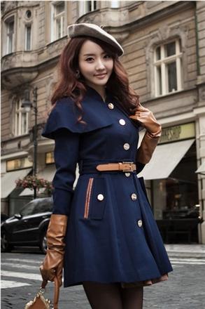 Mini order$15 2012 9021 british style slim leather decoration woolen cloak overcoat outerwear trench