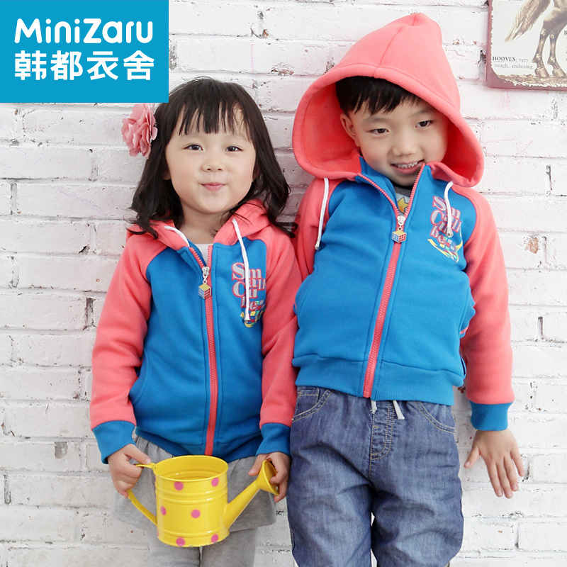 Minizaru 2013 spring male girls clothing with a hood color block decoration cardigan sweatshirt zt2016 1107