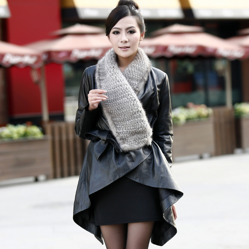 Mink fur collar medium-long sheepskin genuine leather trench high quality autumn and winter women leather clothing 2012