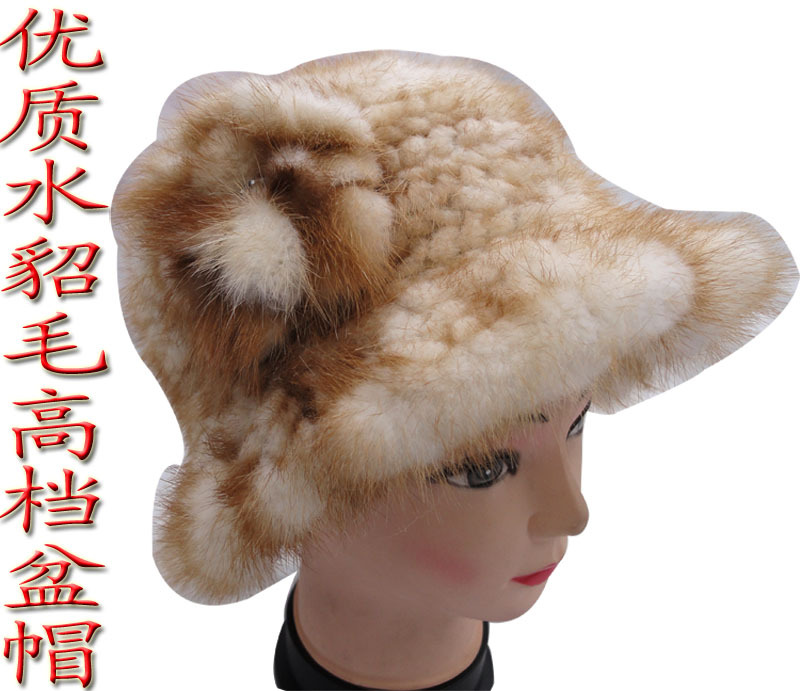 Mink hair hat knitted cap strawhat women's big along the cap flower short brim leather winter warm hat quinquagenarian female