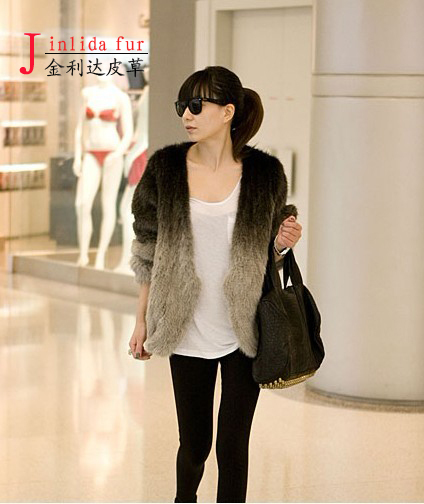 Mink knitted fashion puff sleeve black gradient color thickening cardigan fur coat