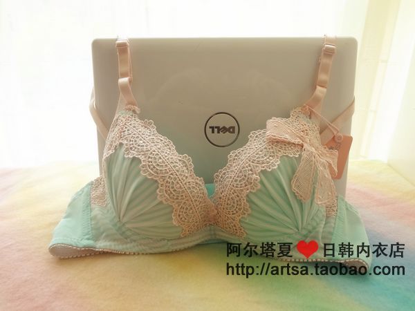 Mint color push up sexy deep V-neck lace underwear bra set 3 breasted h5