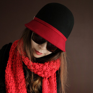 Mismemo red black color block decoration two-color woolen fedoras bucket hats gentlewomen hat campaniform bucket hat autumn and