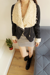 Miss ! fashion large lapel fur collar motorcycle chamois 2 female leather coat