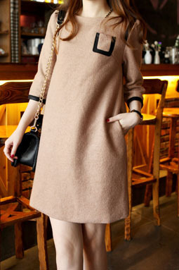 Miss ! fashion woolen leather pocket three quarter sleeve one-piece dress