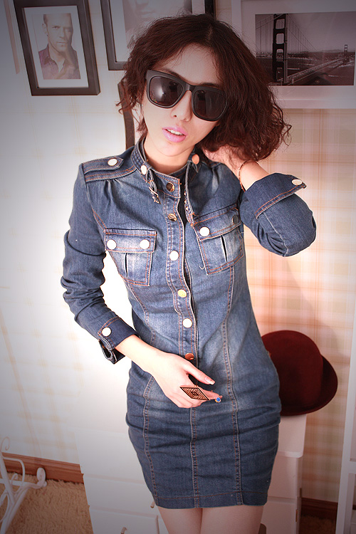 Miss mao 2013 spring solid color slim hip fashion lady fashion dress normic button denim short skirt one-piece dress