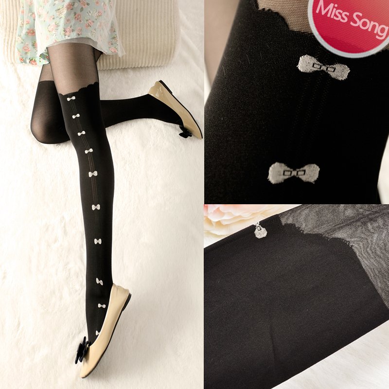 Miss song vintage stockings black sidepiece bow spring and autumn pantyhose thin