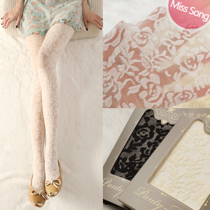 Miss song vintage stockings ultra-thin lace flower jacquard white color pantyhose