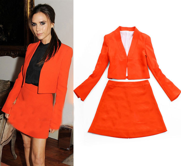 Missexy 2013 Fashion Spring/Summer Women's Super Star Orange Short Suit+ A-line Skirt Stylish Skirt Suits SS12582