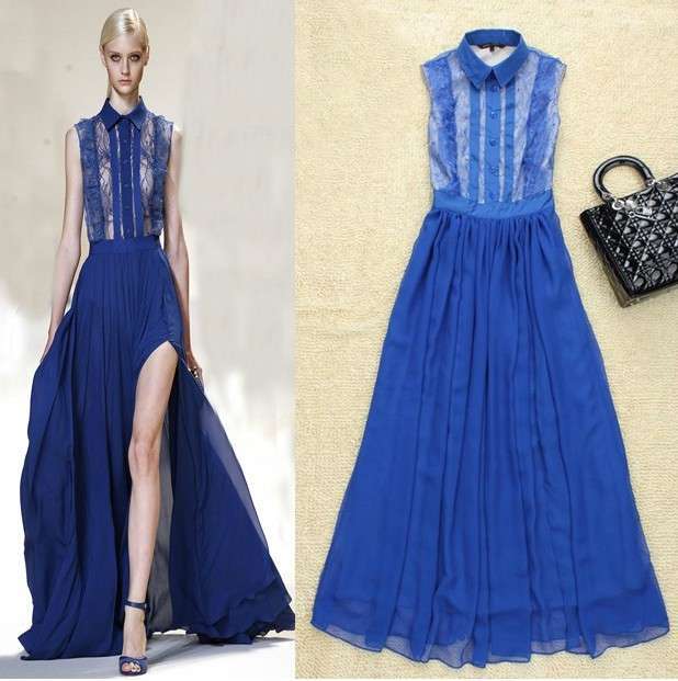Missexy 2013 Spring Europe Fashion Turn-down Neck Lace Patchwork Slit Long Dress Designer Fashion Dresses SS12599