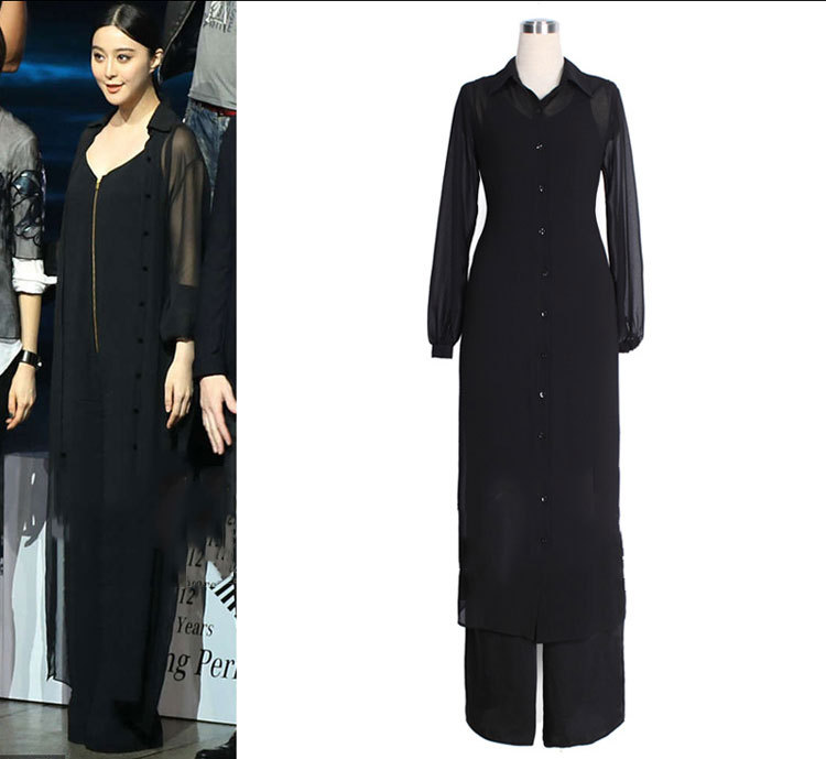 Missexy New In Europe Fashion Women's Black Formal Sleeveless Jumpsuit + Long Sleeve Shirt Dress Two Pcs Twinset SS12579