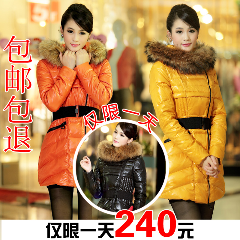 Missfofo1166 raccoon large fur collar oblique zipper slim medium-long women's down coat FedEx free shipping