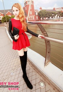 Missguan - all-match patchwork knitted high waist one-piece dress slim waist leather belt 3957