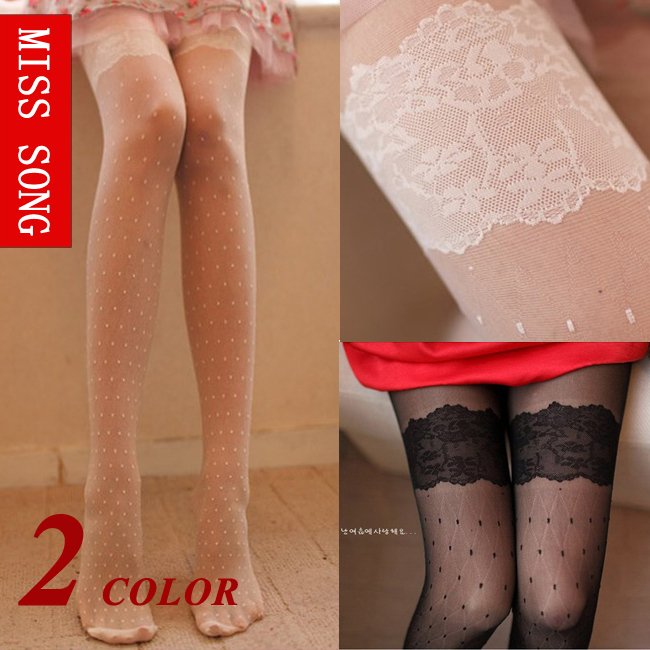 Misssong pantyhose ultra-thin sexy vintage lace decoration polka dot white color black socks female