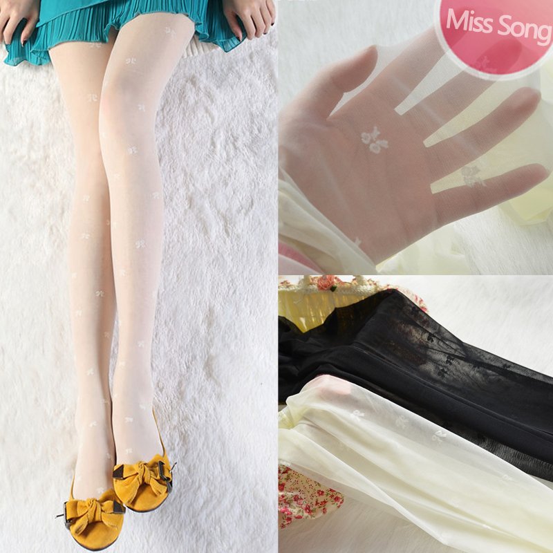 Misssong vintage stockings creamy white bow stockings ultra-thin jacquard pantyhose