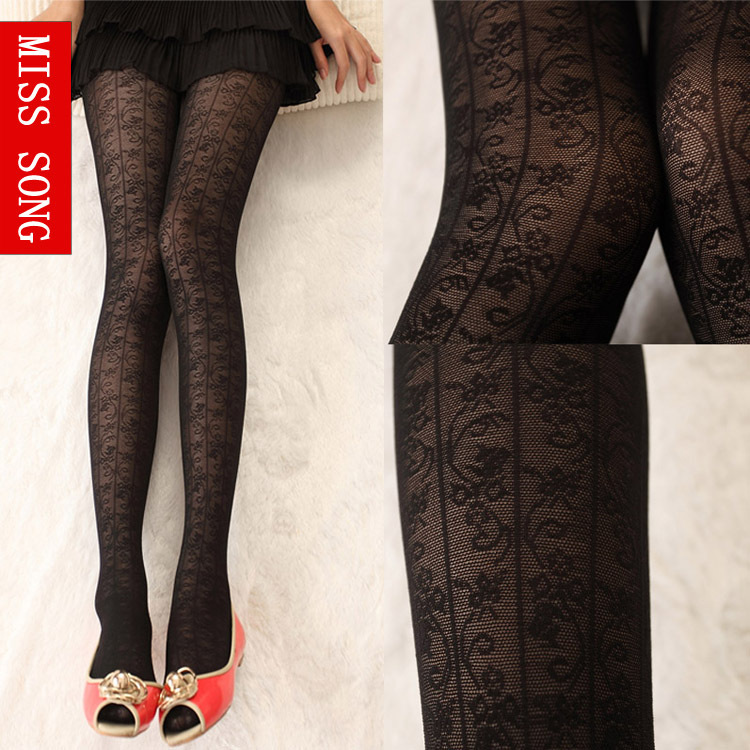 Misssong vintage stockings vertical stripe lace flower black and white color mesh pantyhose