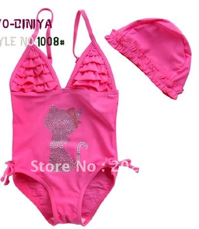 MIX ORDER  little girl pink Swimwear crystal cat one pieces w/ swim cap swimsuits beach dress free shipping  wholesale