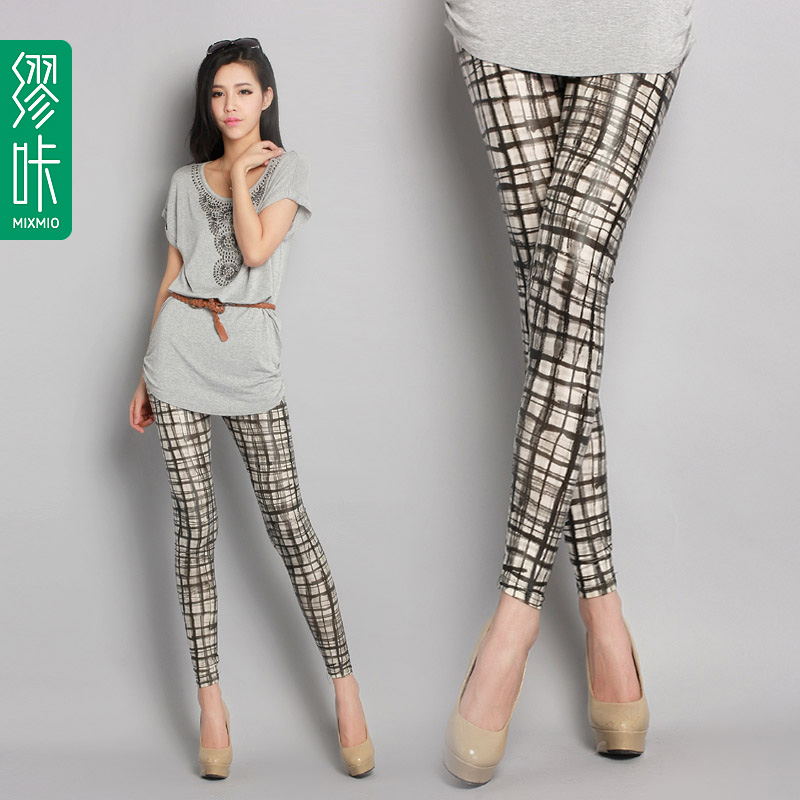 Mixmio plaid lines print faux leather legging fashion trend of the 2013 women's spring