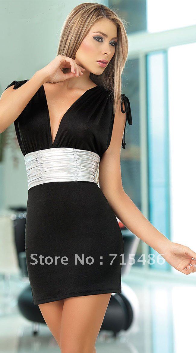 ML17614  Fast delivery  Free Shipping Satin Black Hot Sale  Sexy  Clubwear Dress