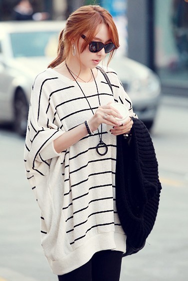 Mm plus size clothing sweater outerwear pullover batwing sleeve black and white stripe wool sweater clothes