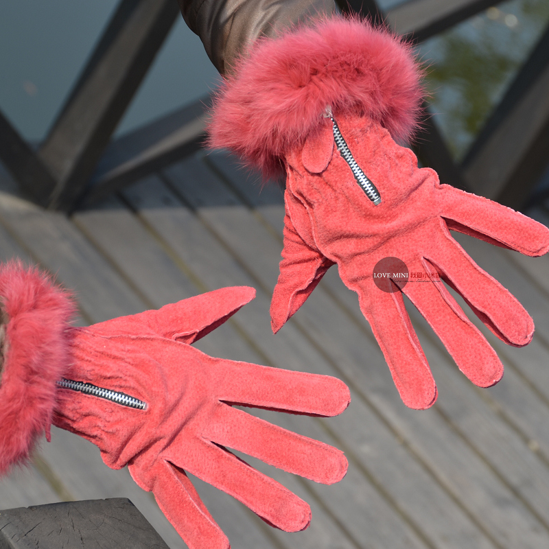 Mn quality leather cuff rabbit fur women's fingers gloves windproof winter thermal gloves q1947