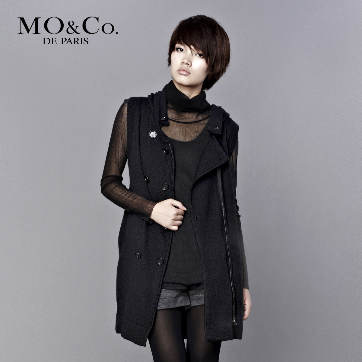 Mo & co . mormons autumn m103jey66 double breasted sweep with a hood sleeveless sweater moco