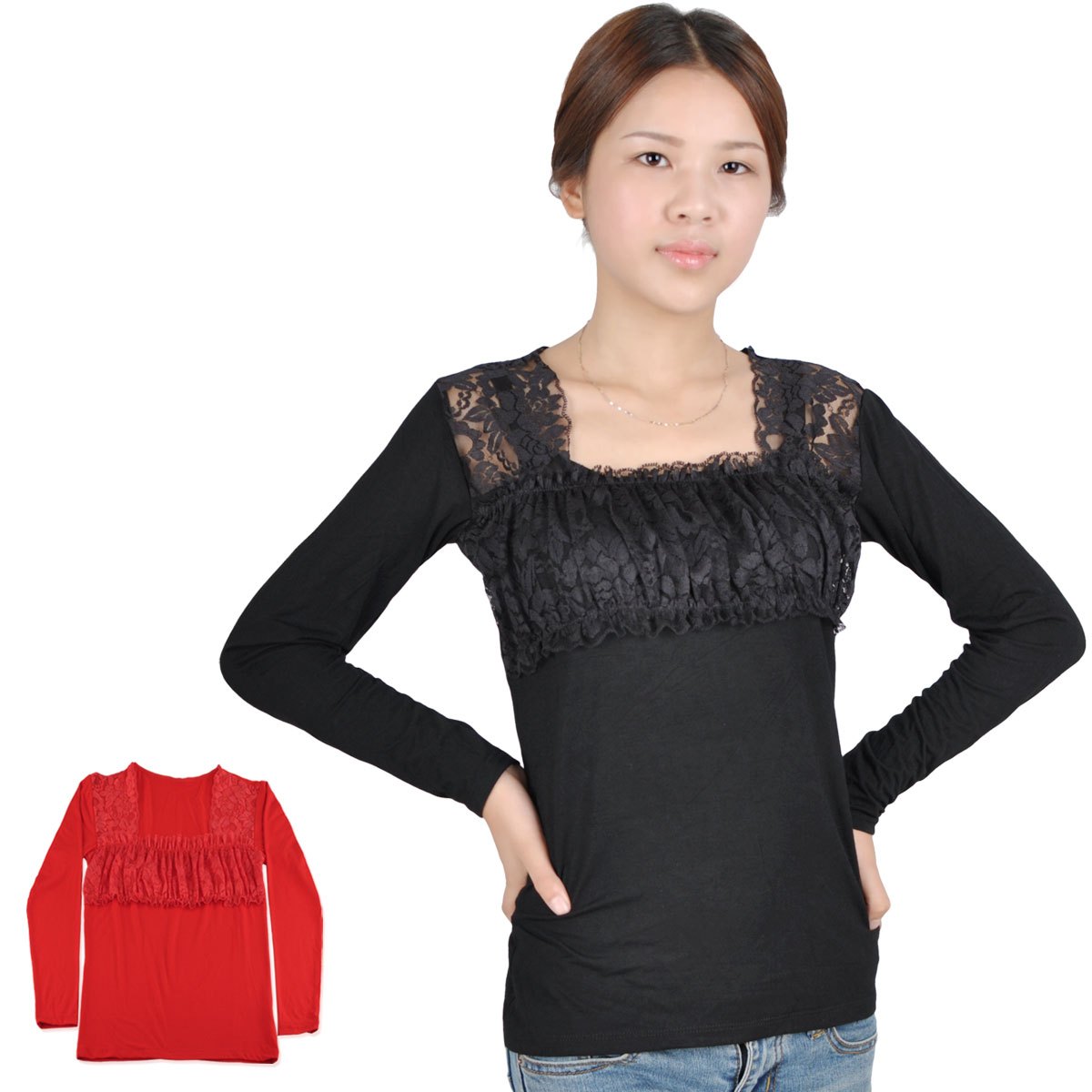 Modal elastic slim lace basic shirt women's autumn and winter basic shirt square collar d-8818
