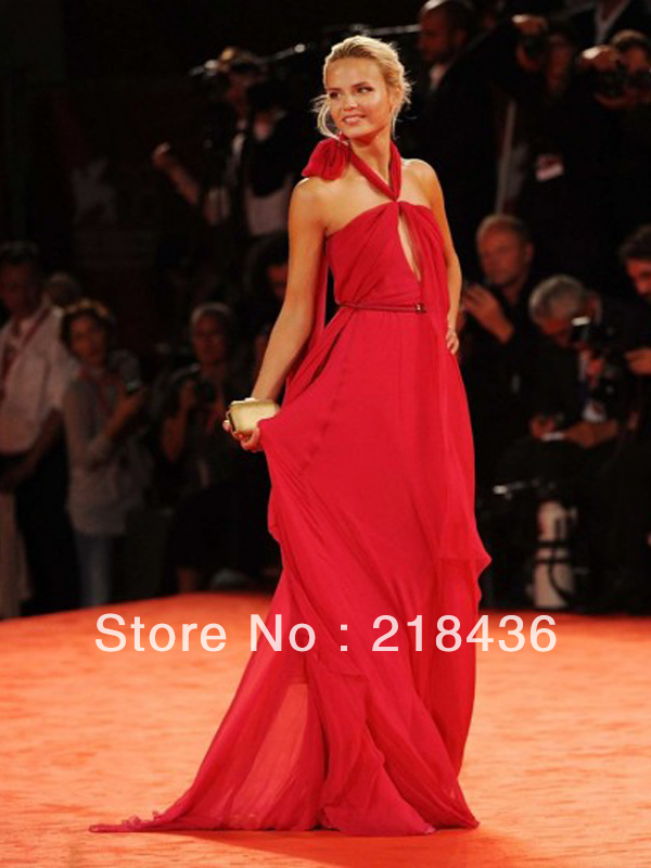 Model Natasha A-line Halter  Ruffles  Sleeveless Floor-length Chiffon Prom Dresses / Evening Dresses (XZ02061)
