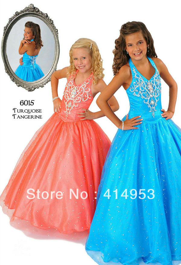 Modern Stylish 2013 Halter Sequin Beaded Organza Custom made Flower Girl Pageant Dresses for Weddings Ball Gowns